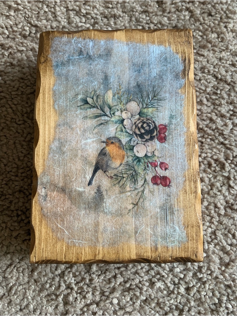Rustic Bird Floral Wall Art - Orange Robin on Wood